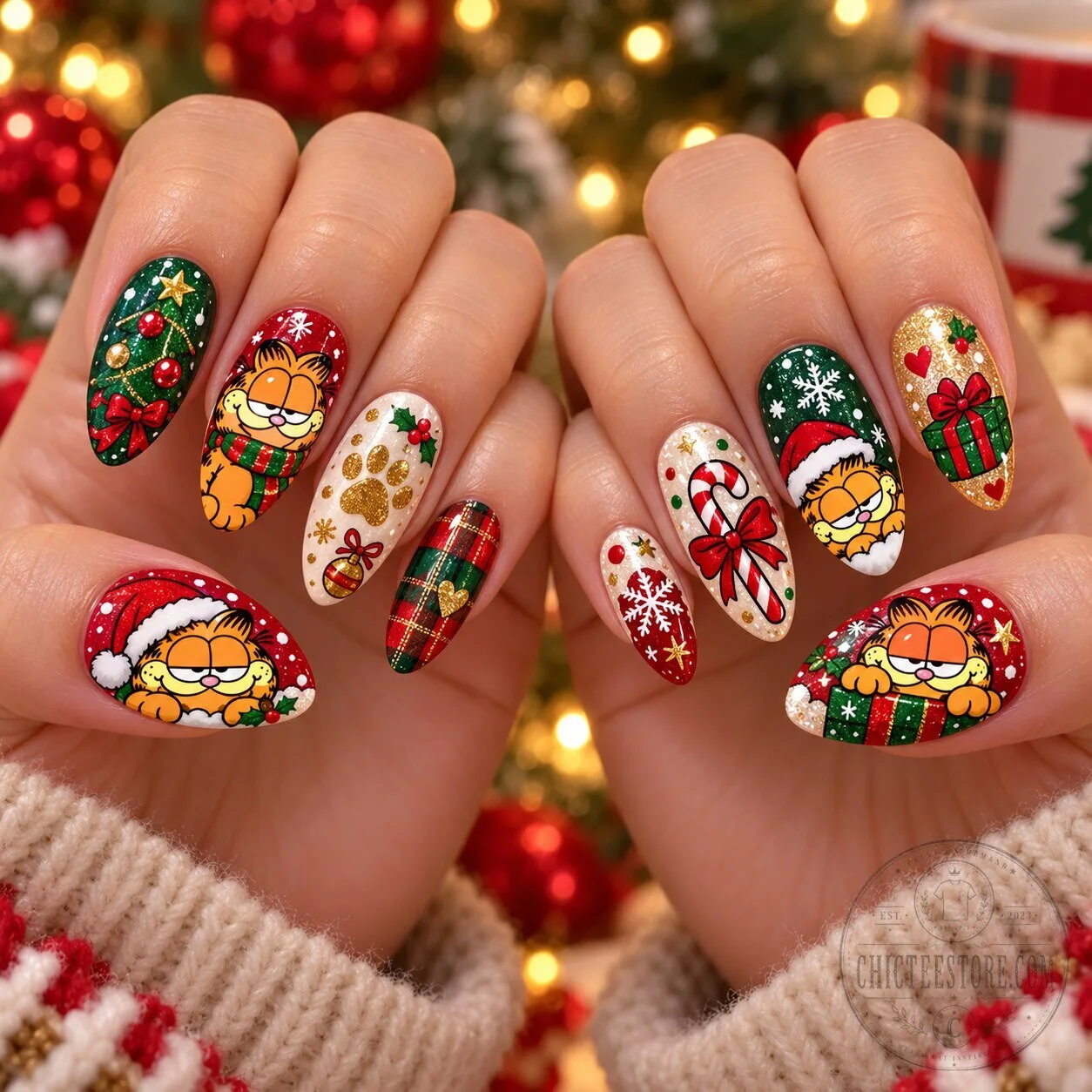 Garfield Christmas Treats Holiday Cartoon Character Press On Nails Set