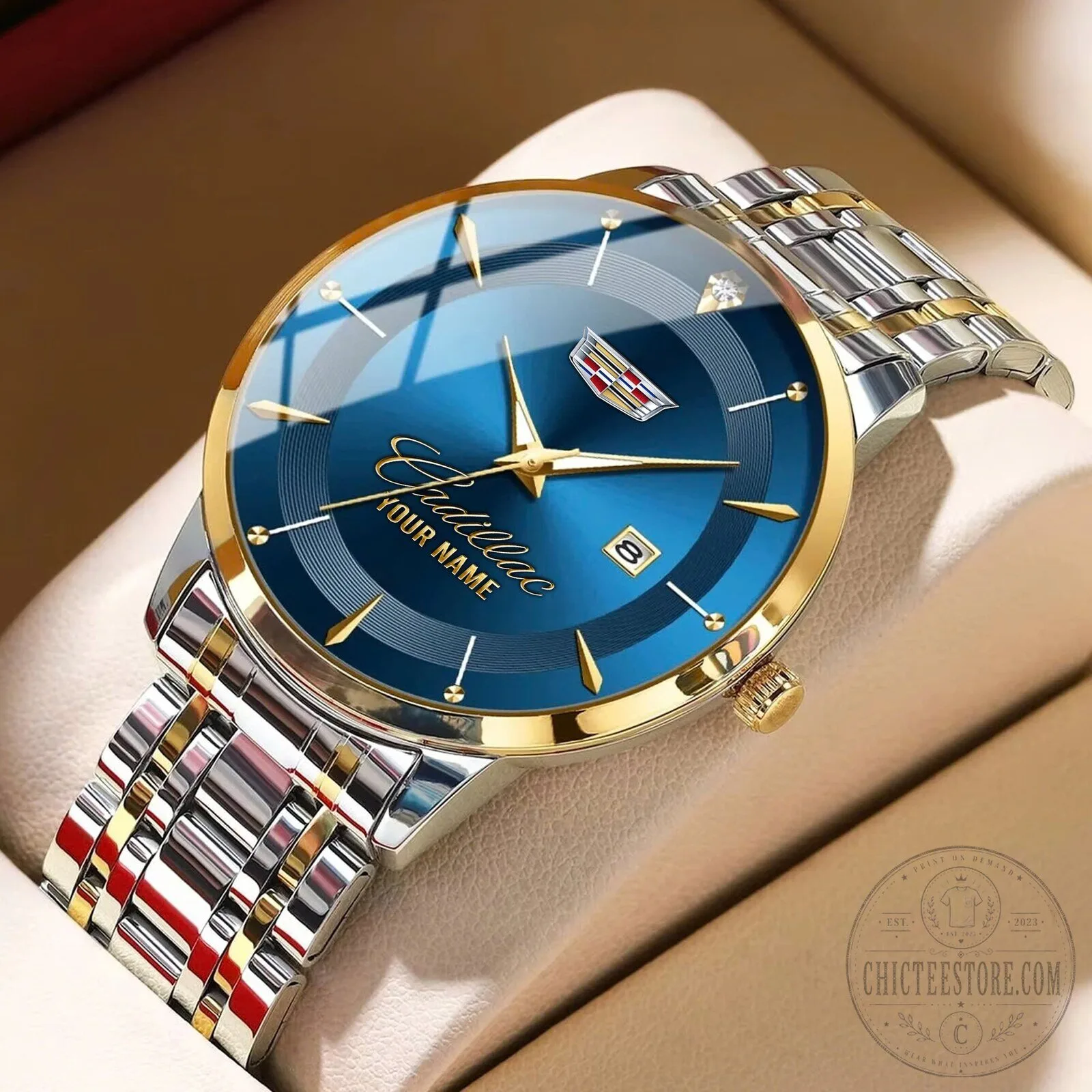 Cadillac Custom Name Blue Dial Gold and Silver Stainless Steel Watch