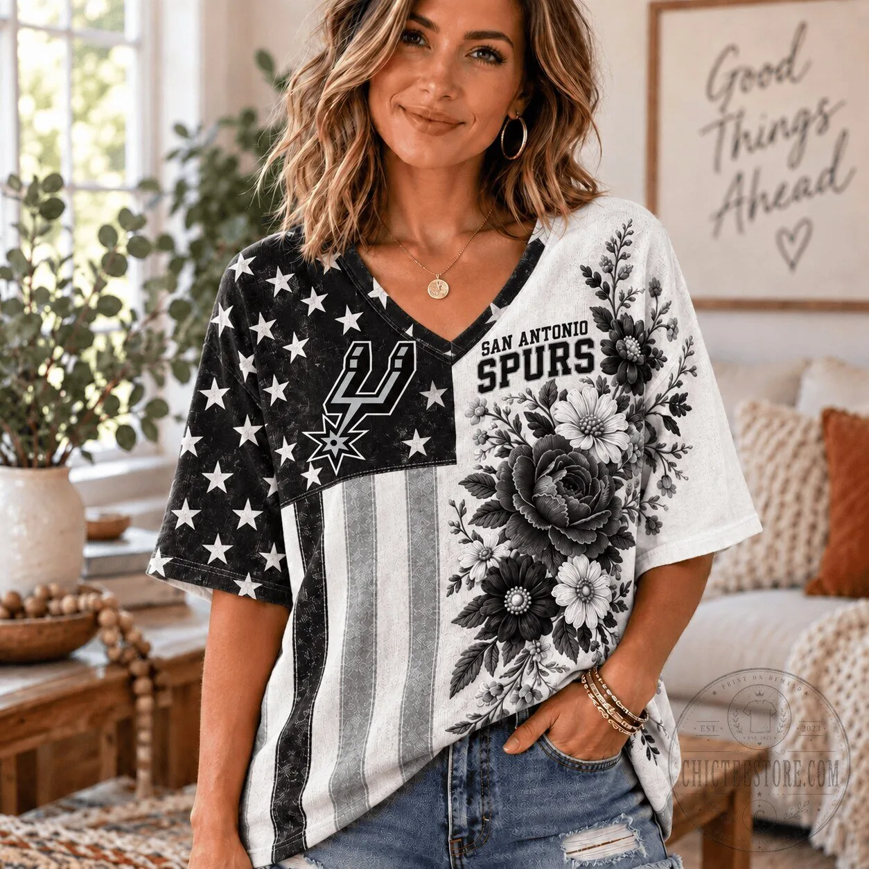 San Antonio Spurs NBA Fan Shirt Women's V-Neck Patriotic Floral T-Shirt