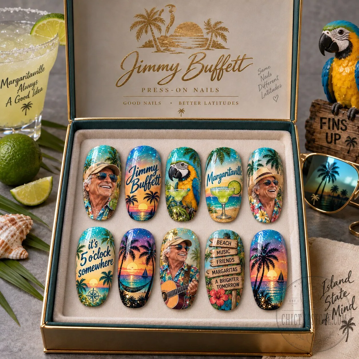 Jimmy Buffett Margaritaville Tropical Sunset Parrot Press-On Nails Set