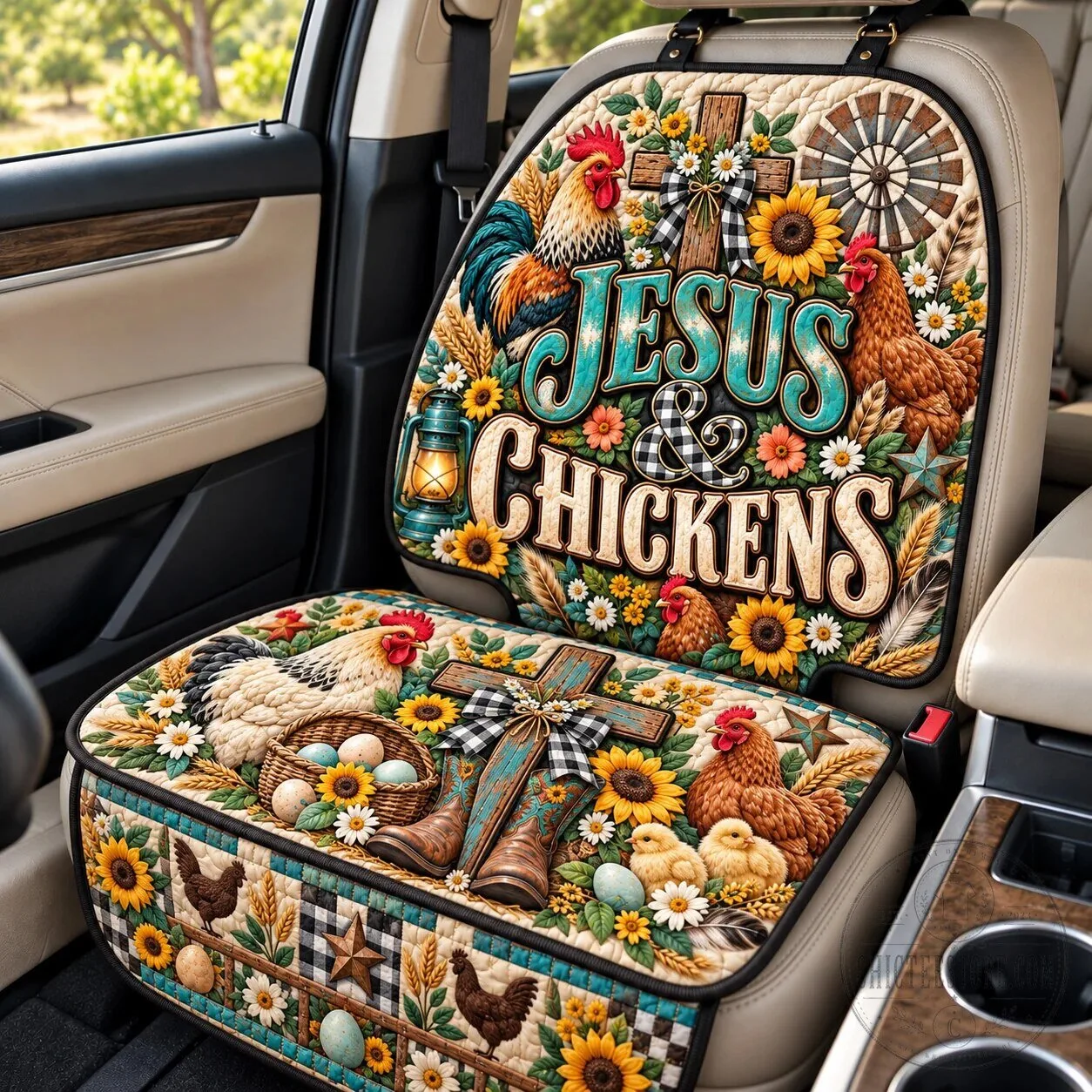 Jesus And Chickens Quilted Car Seat Cover Protector