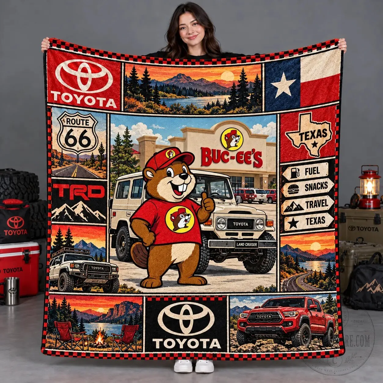 Buc-ee's Beaver Toyota Land Cruiser Texas Flag Route 66 Fleece Blanket