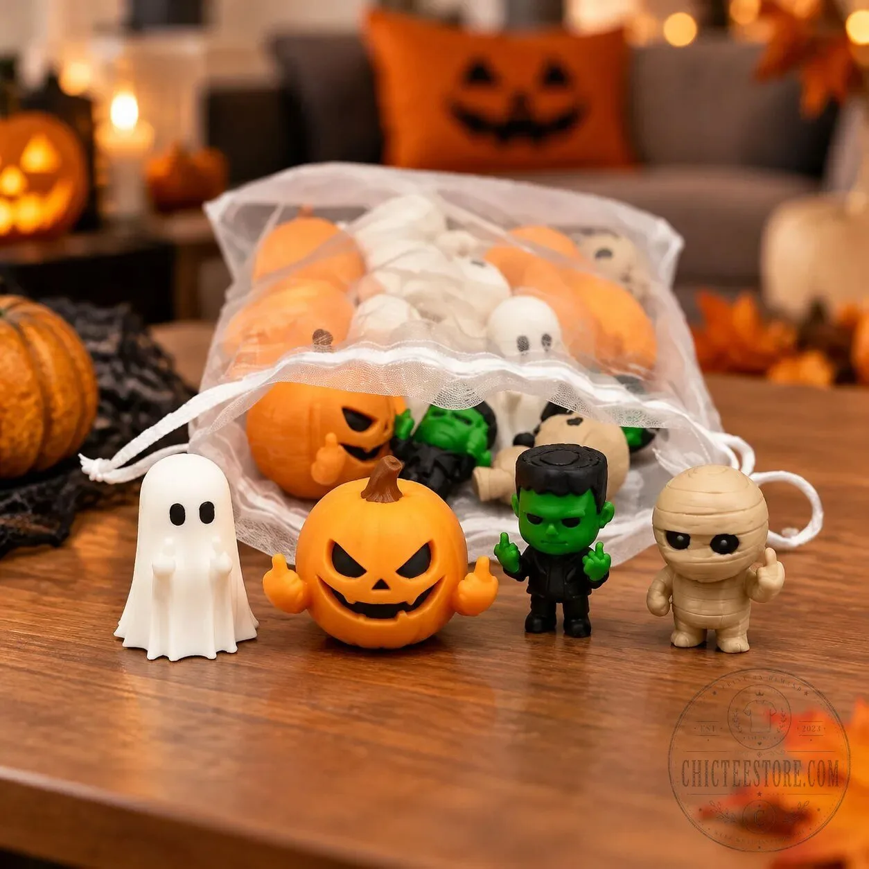 Funny Halloween Monster Figurines, Spooky Pumpkin Ghost Frankenstein Mummy Decor