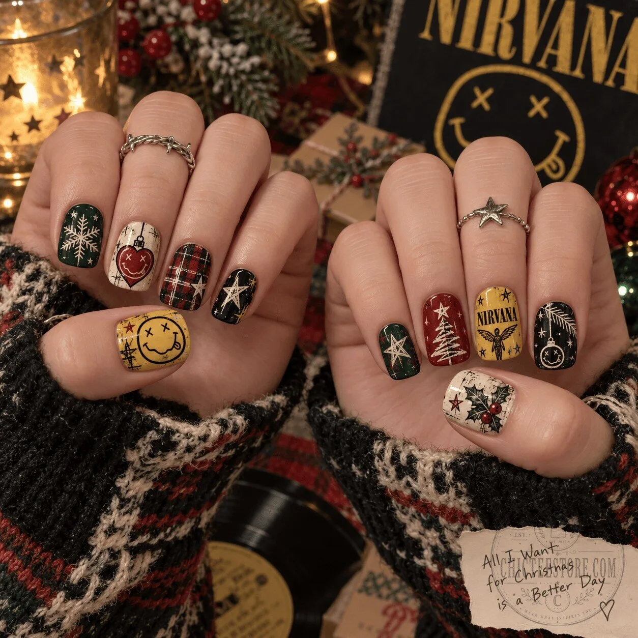 Grunge Holiday Press-On Nails Set - Nirvana Christmas Design