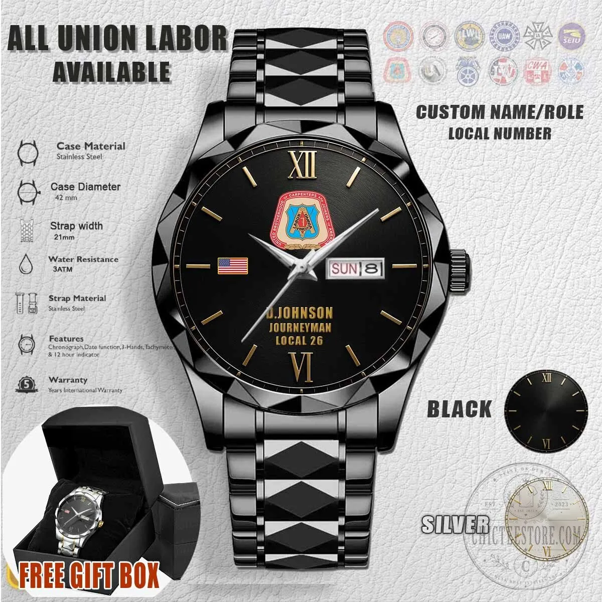 Personalized Union Carpenter Journeyman Stainless Steel Engraved Watch