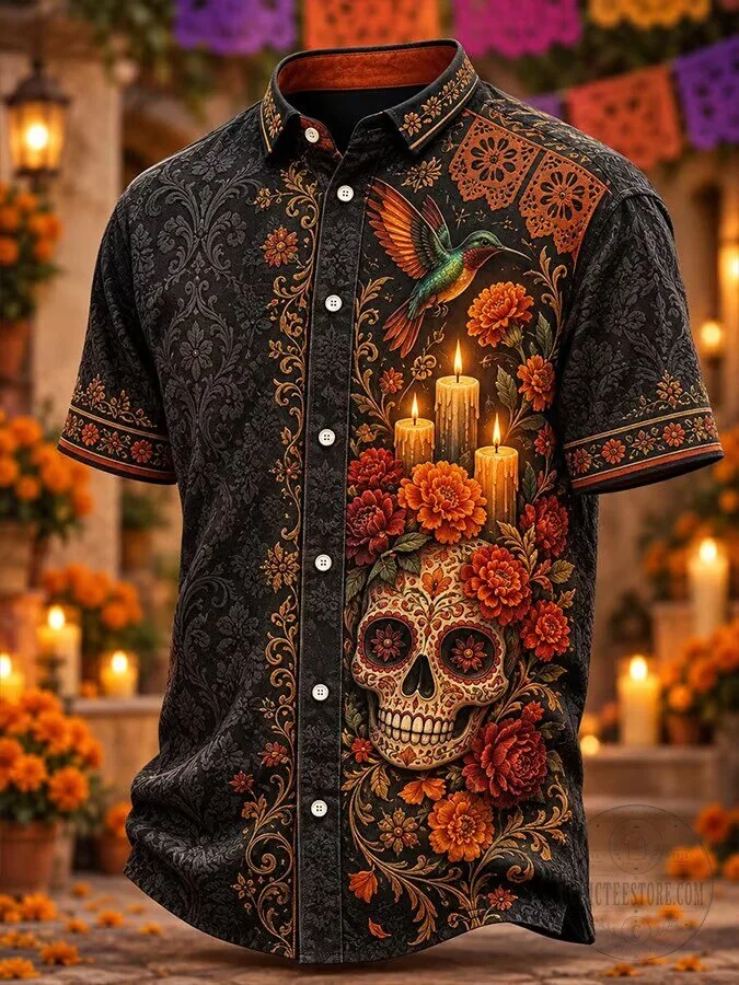 Day of the Dead Sugar Skull Hummingbird Floral Print Hawaiian Shirt