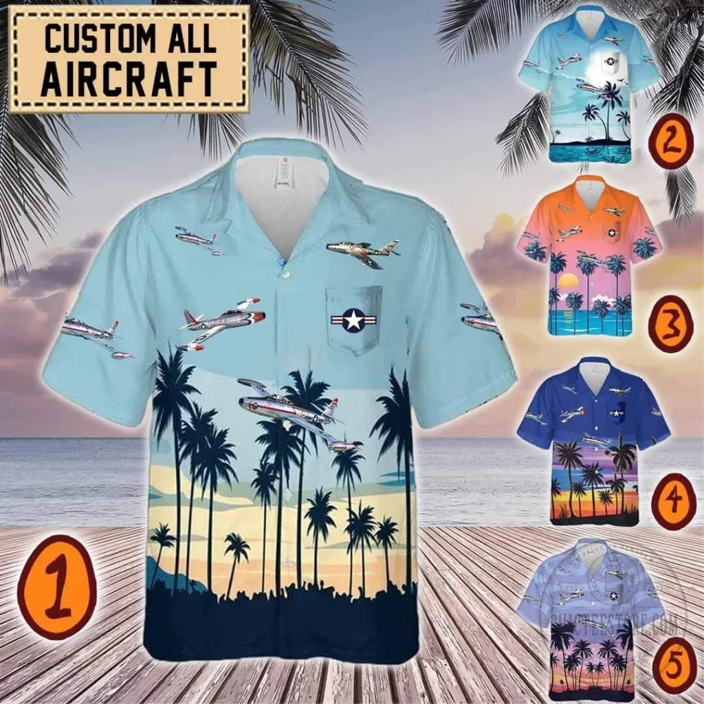 F-84 Thunderjet Fighter Jet Aircraft Palm Trees Hawaiian Shirt
