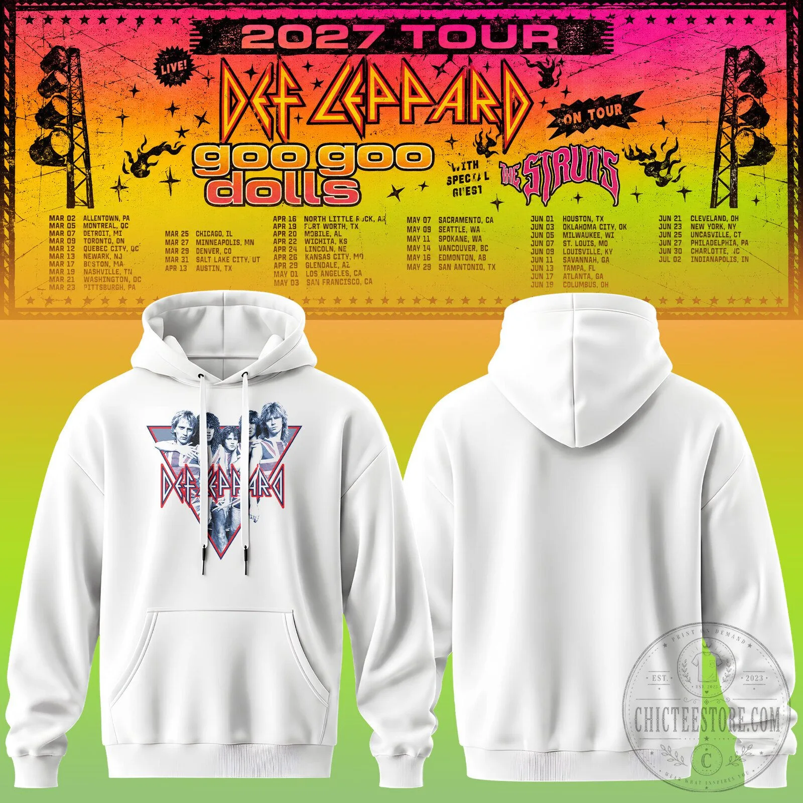 Def Leppard 2027 Tour Retro Rock Band Concert Hoodie