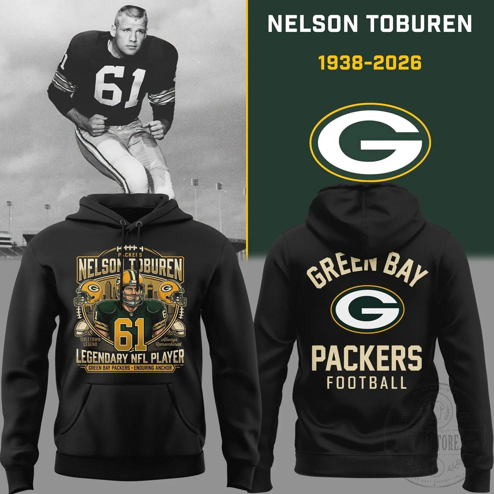 Nelson Toburen Green Bay Packers Legendary NFL Player Black Hoodie