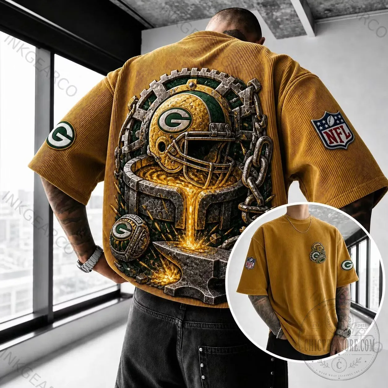 Green Bay Packers Football Helmet Graphic Gold Short Sleeve T-Shirt