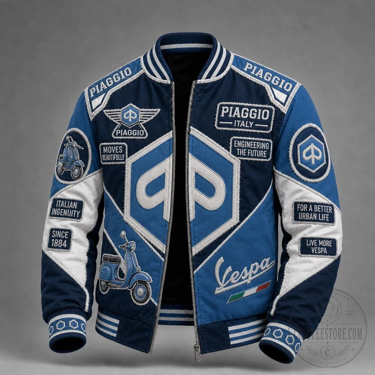 Piaggio Vespa Italian Scooter Engineering Blue White Bomber Jacket