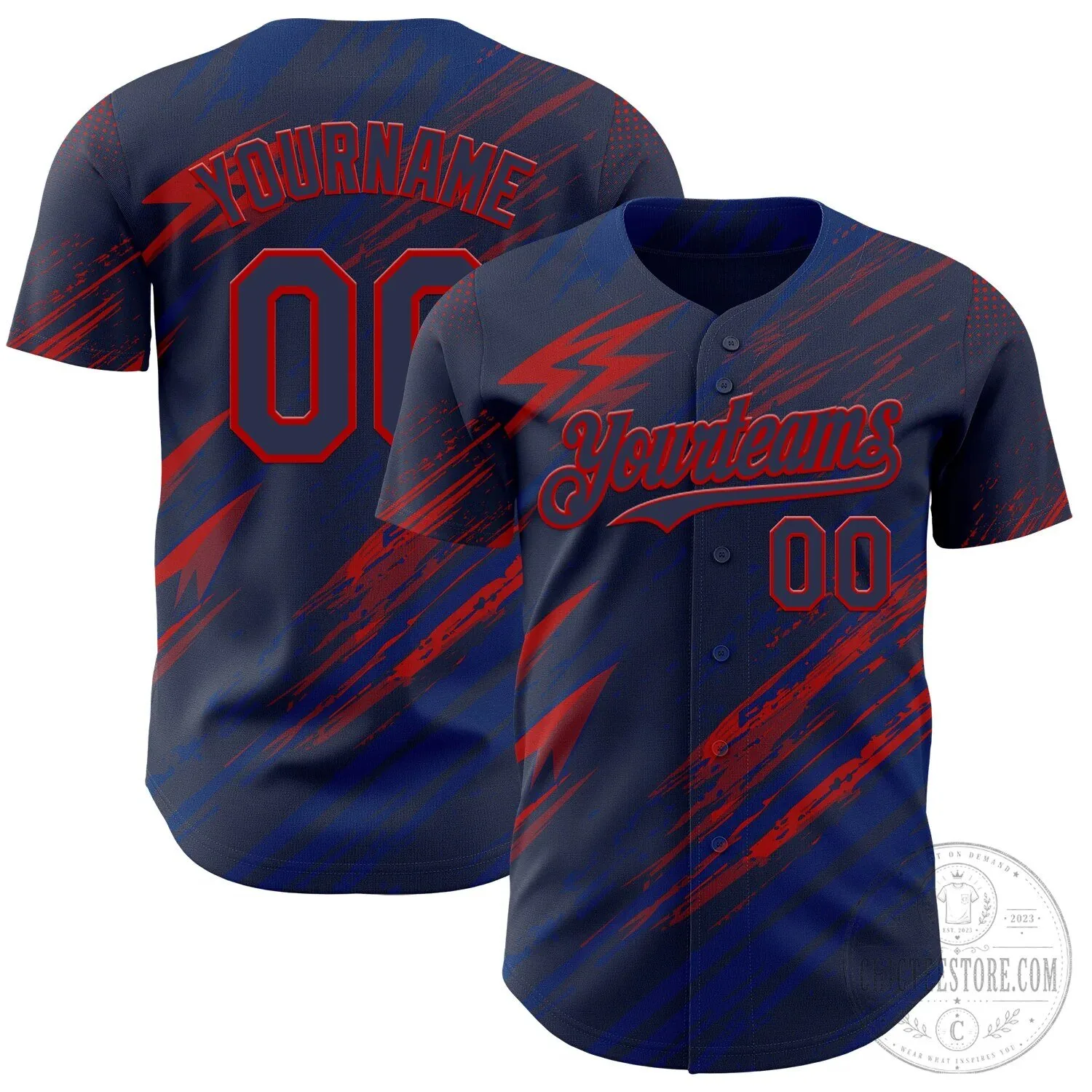 Custom Navy Blue Red Diagonal Grunge Brush Stroke Halftone Baseball Jersey