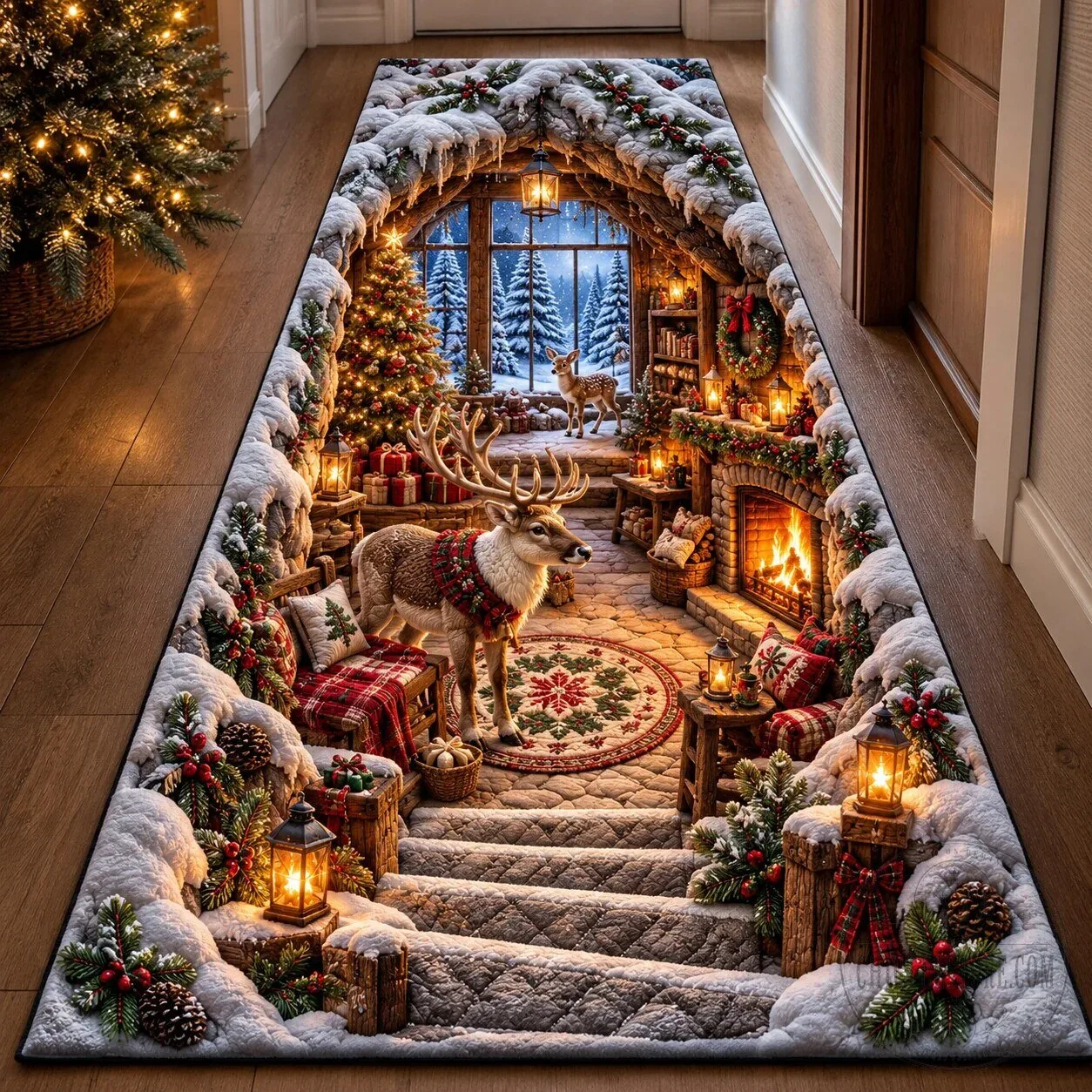 Winter Cabin Christmas Deer Snow Scene Holiday Home Decor Floor Runner Rug