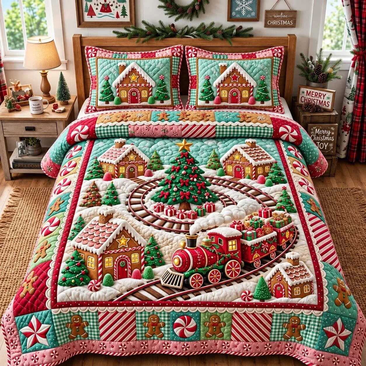 Gingerbread Christmas Village Train Quilted Bedding Set