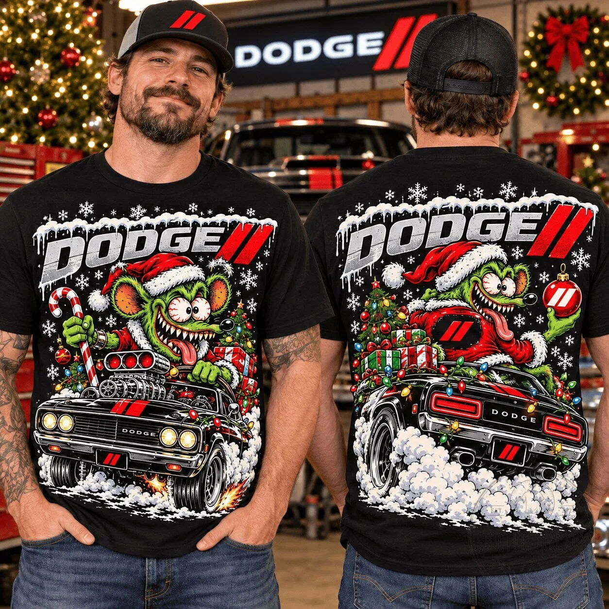 Dodge Christmas Muscle Car Cartoon Graphic T-Shirt