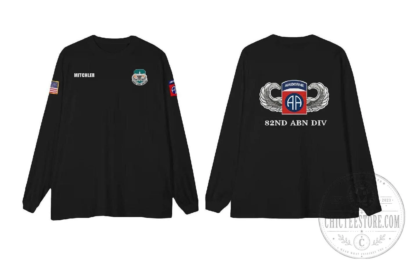 82nd Airborne Division US Army Paratrooper Wings Custom Name Long Sleeve T-Shirt