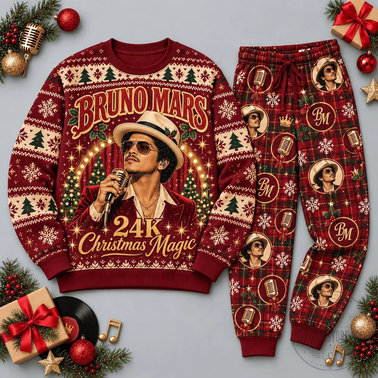 Bruno Mars 24K Christmas Magic Ugly Christmas Sweater and Pajamas Set