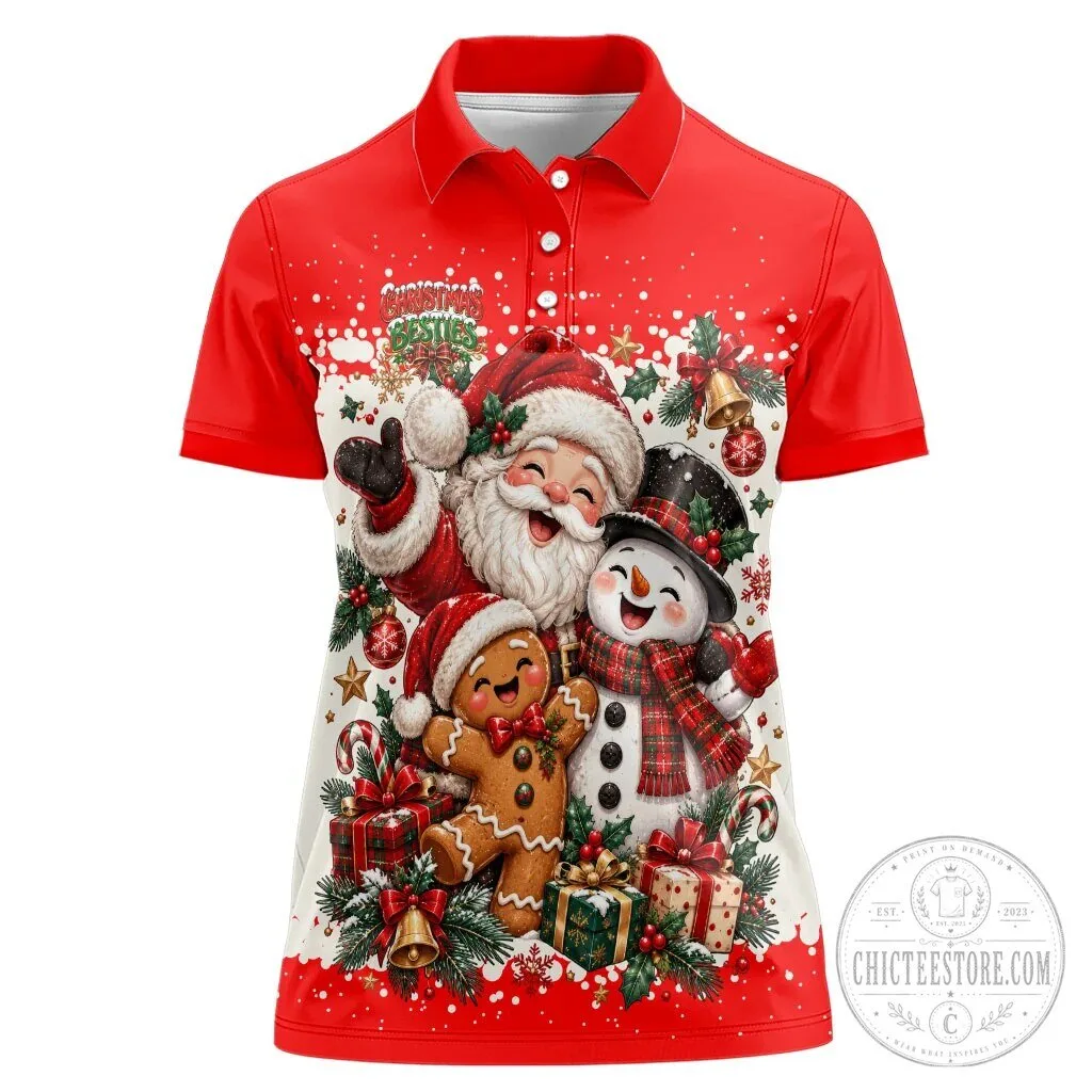 Christmas Besties Santa Snowman Gingerbread Man Festive Holiday Polo Shirt