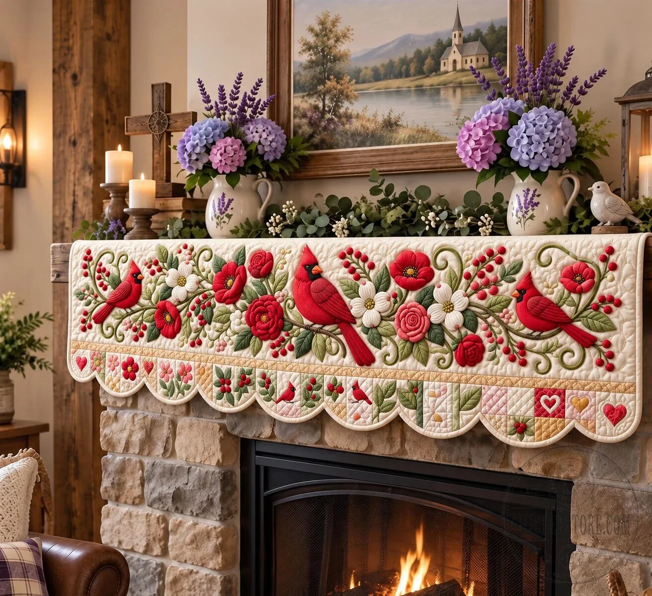 Red Cardinal Bird and Floral Quilted Fireplace Mantel Scarf Decor