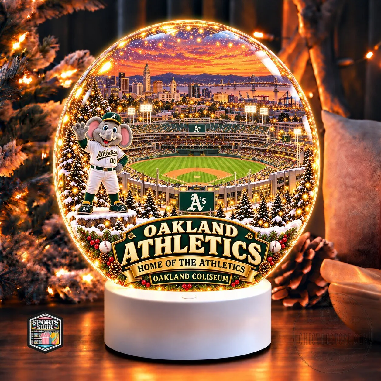 Oakland Athletics Baseball Stadium Christmas Holiday Snow Globe Ornament