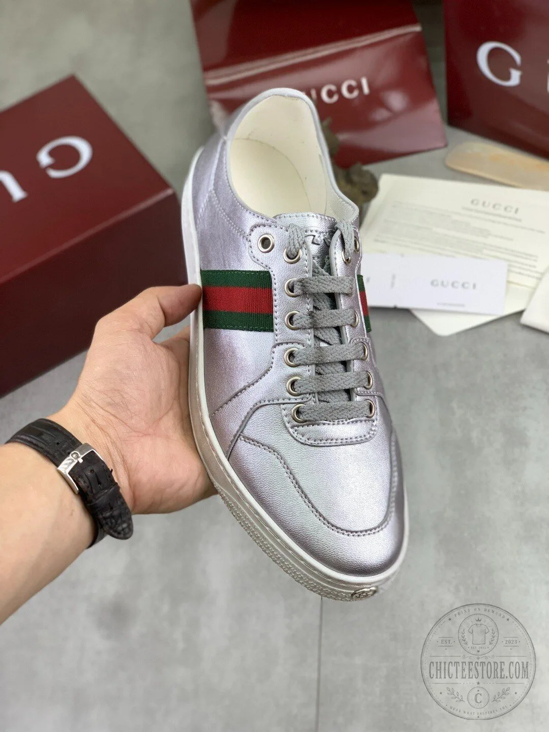 Gucci Silver Metallic Ace Sneakers with Web Stripe Detail