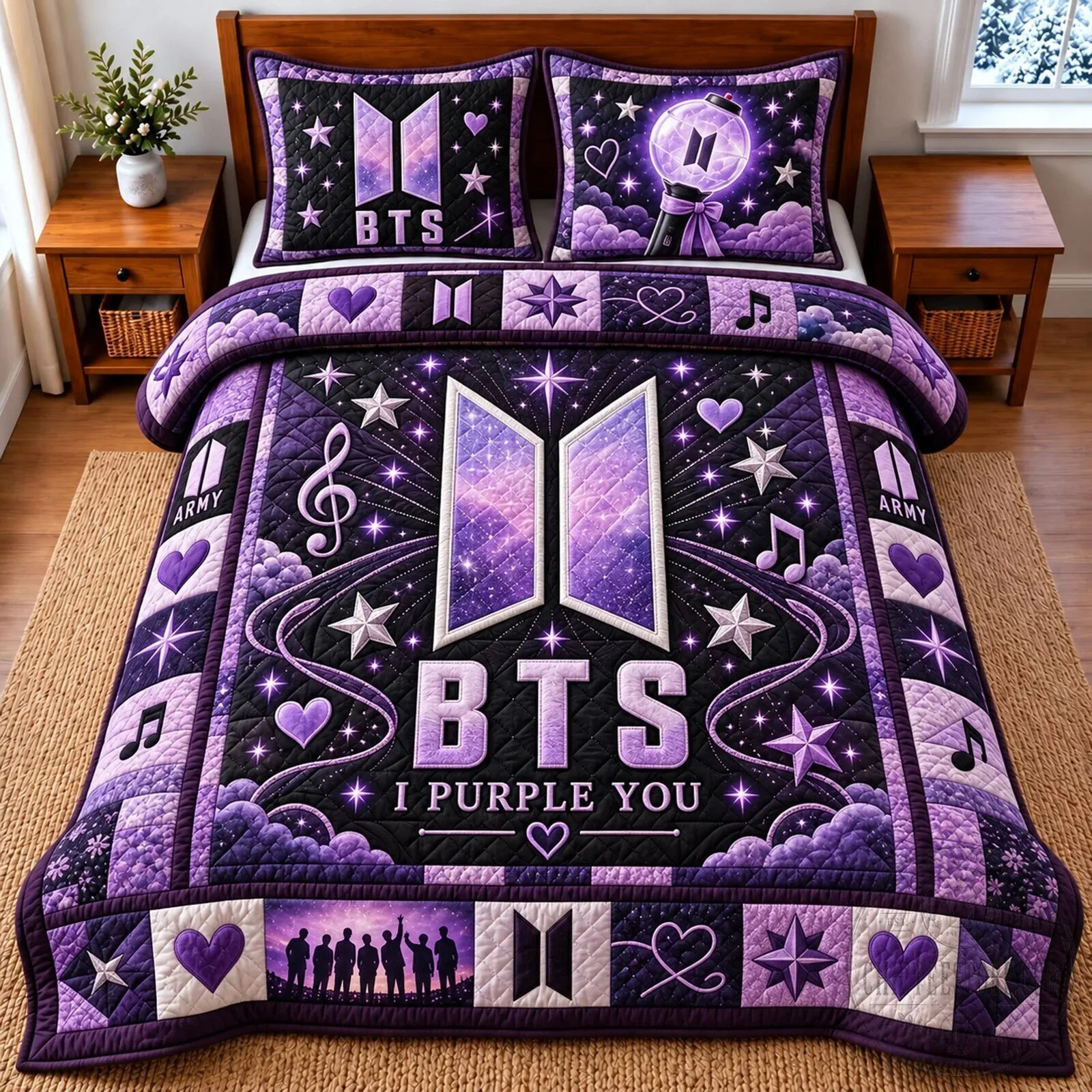 BTS I Purple You K-Pop Band Quilted Bedding Set with Pillow Shams