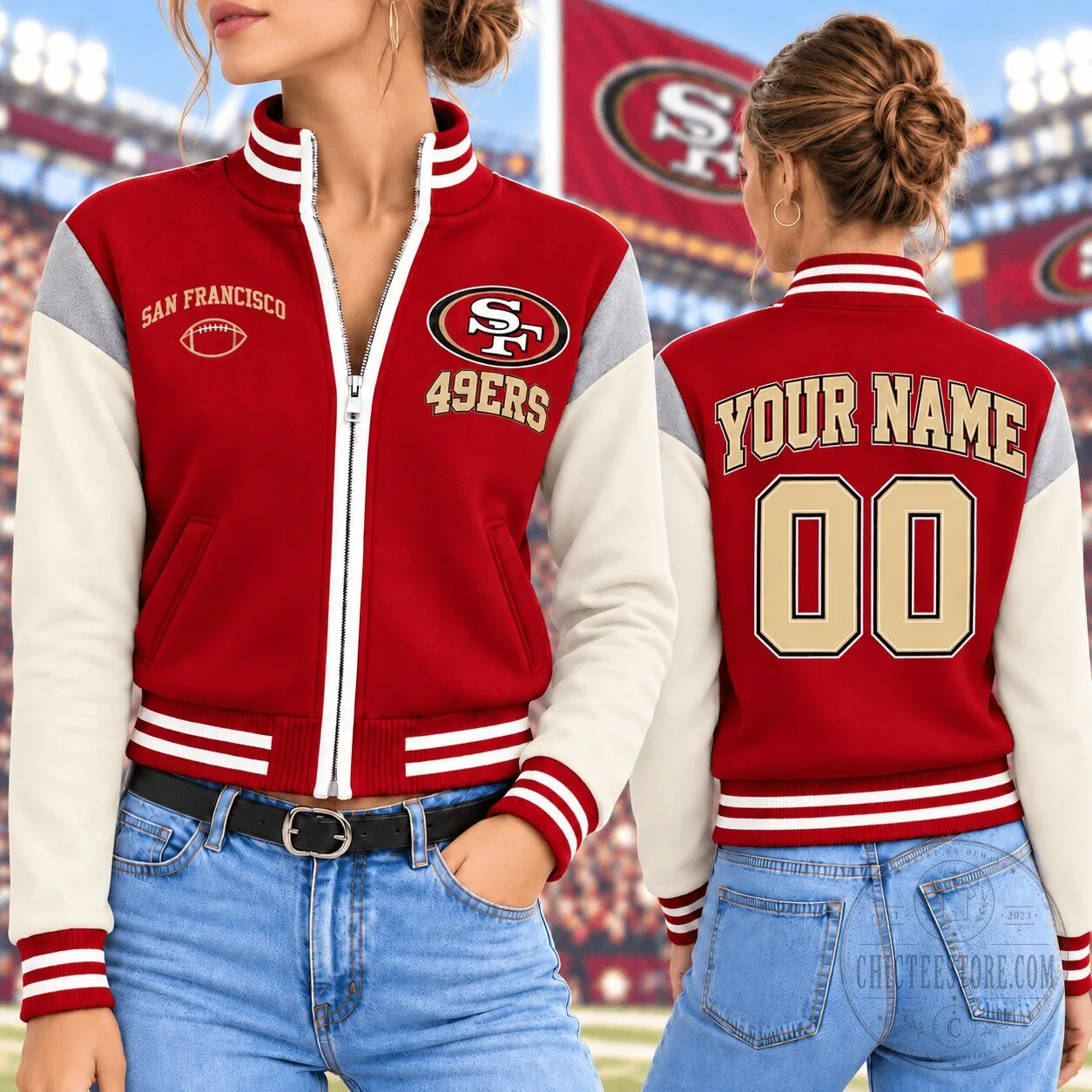 San Francisco 49ers NFL Personalized Red and White Bomber Jacket