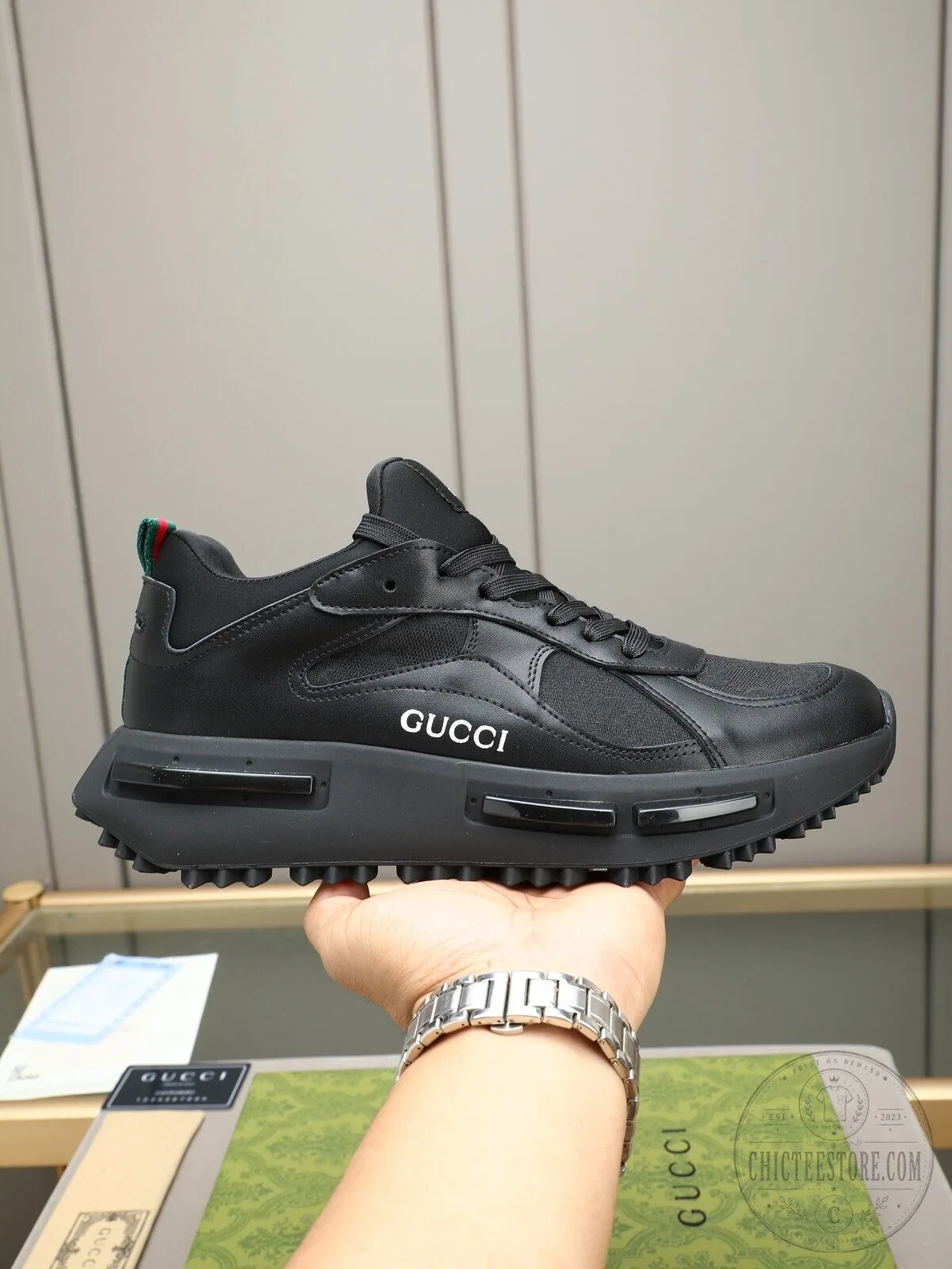 Gucci Black Leather Men's Fashion Sneakers with White Logo Detail