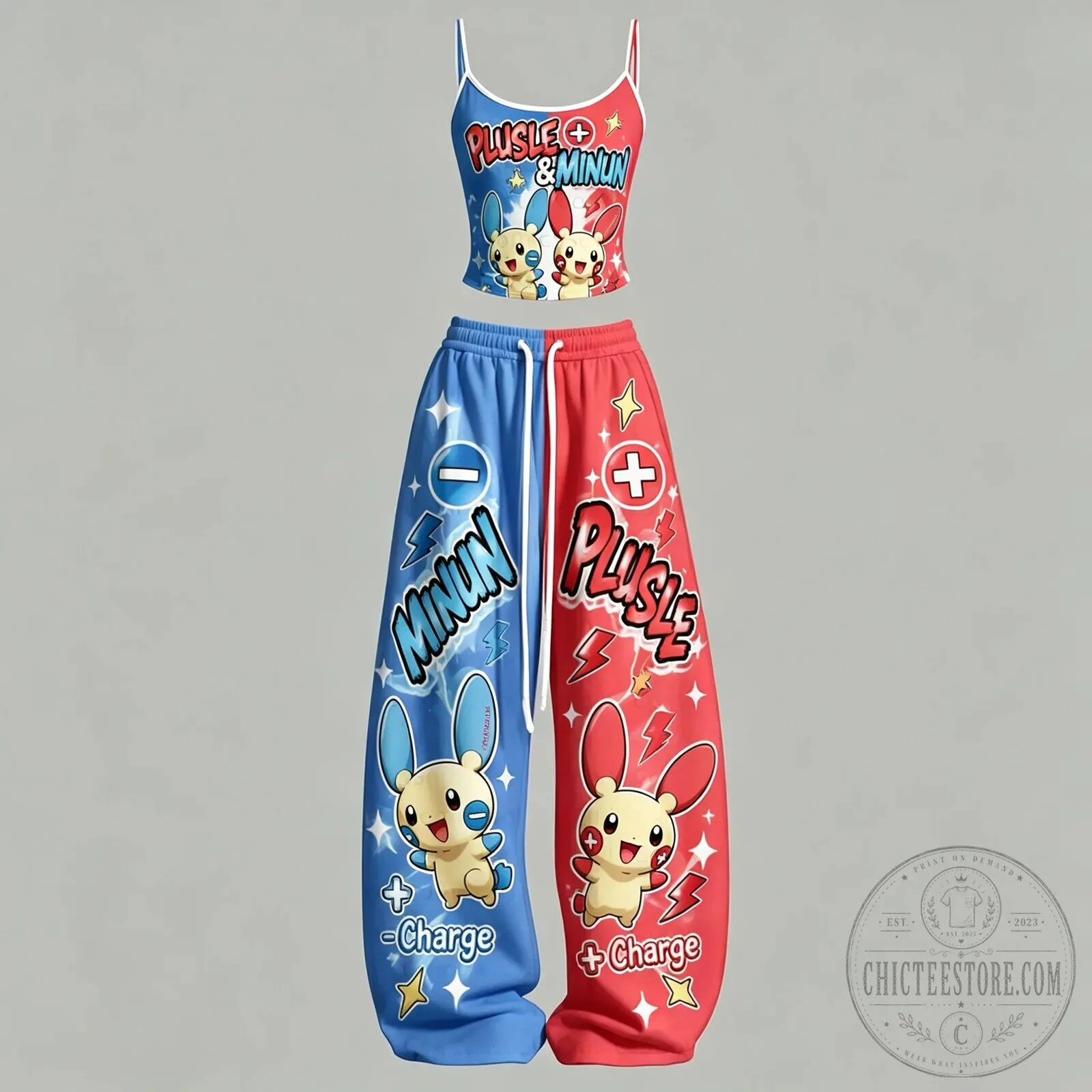 Pokemon Plusle and Minun Charge Graphic Print Two-Piece Tank Top and Pants Set