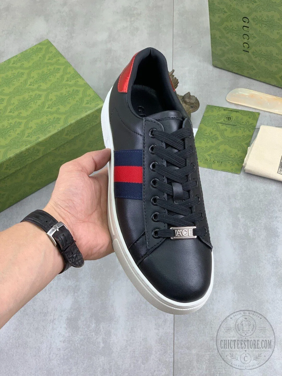 Gucci Ace Embroidered Bee Black Leather Sneakers Shoes for Men and Women