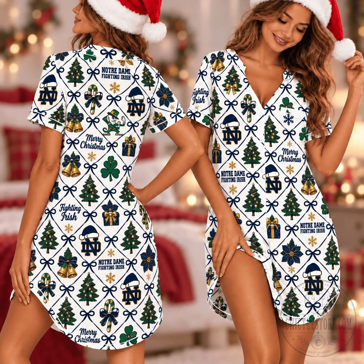 Notre Dame Fighting Irish Retro Christmas Women's Pajama Dress Nightgown
