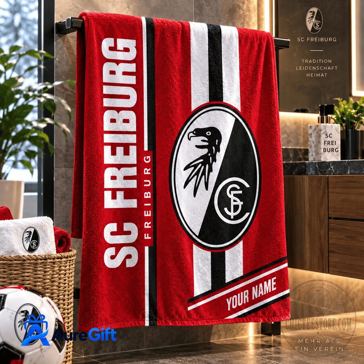 SC Freiburg Bundesliga Personalized Name Red and Black Striped Bath Towel