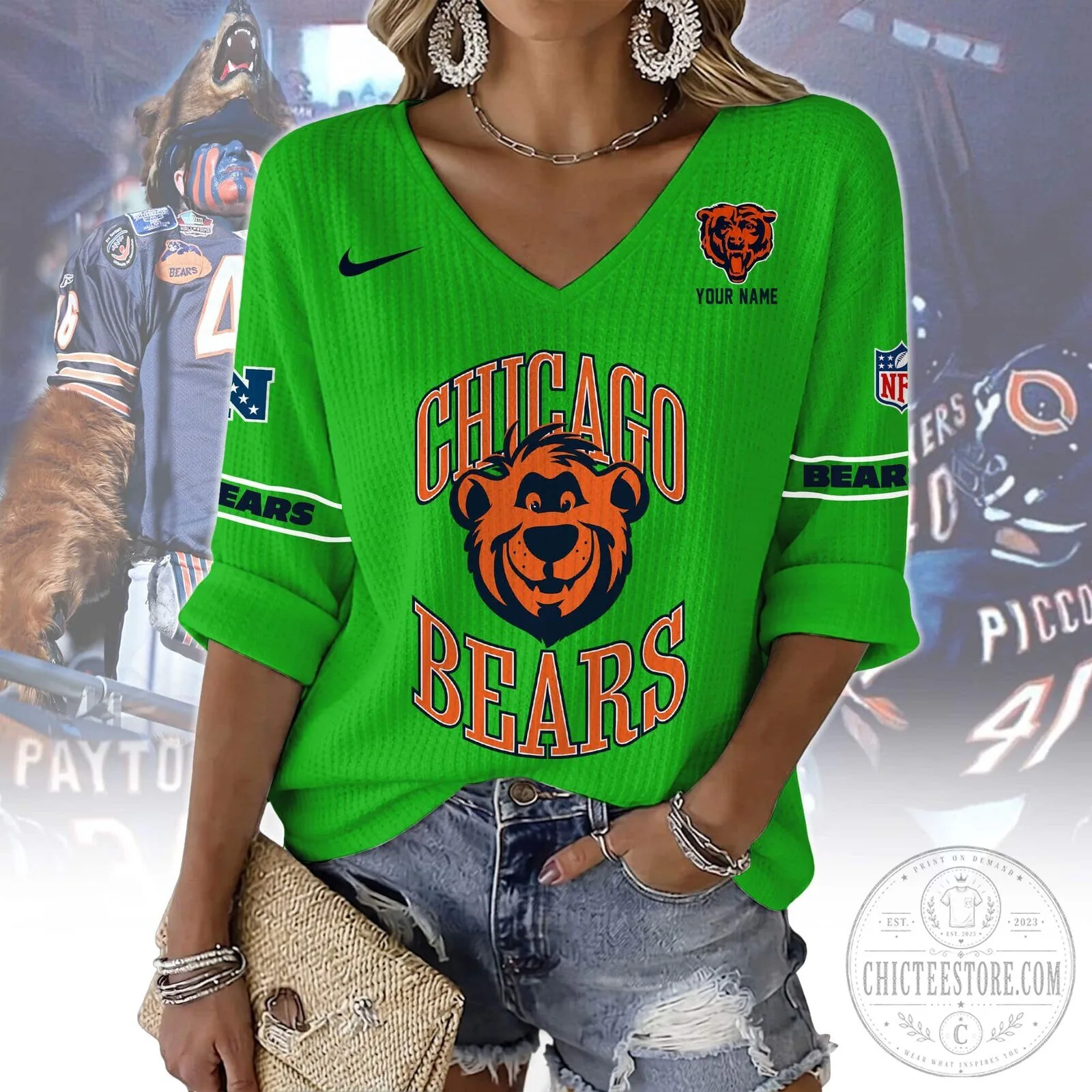 Chicago Bears Women's V-Neck Long Sleeve Shirt