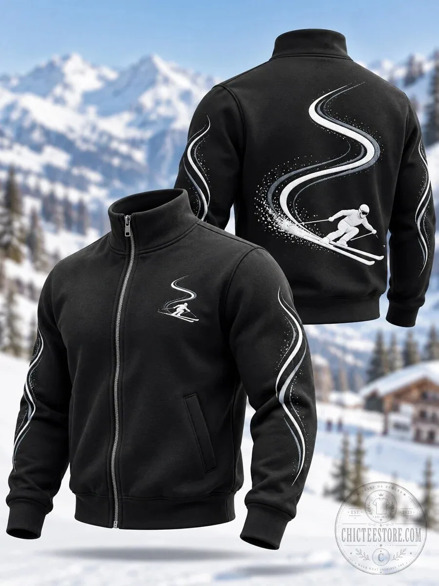 Ski Season Winter Sports Skier Black Full Zip Bomber Jacket