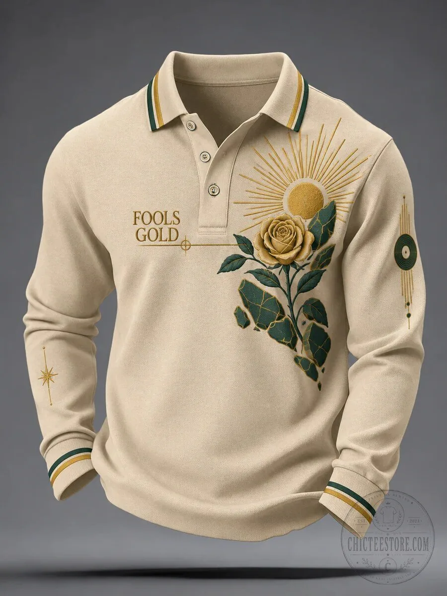 Fools Gold Lemon Roses Music Lover Long Sleeve Polo Shirt