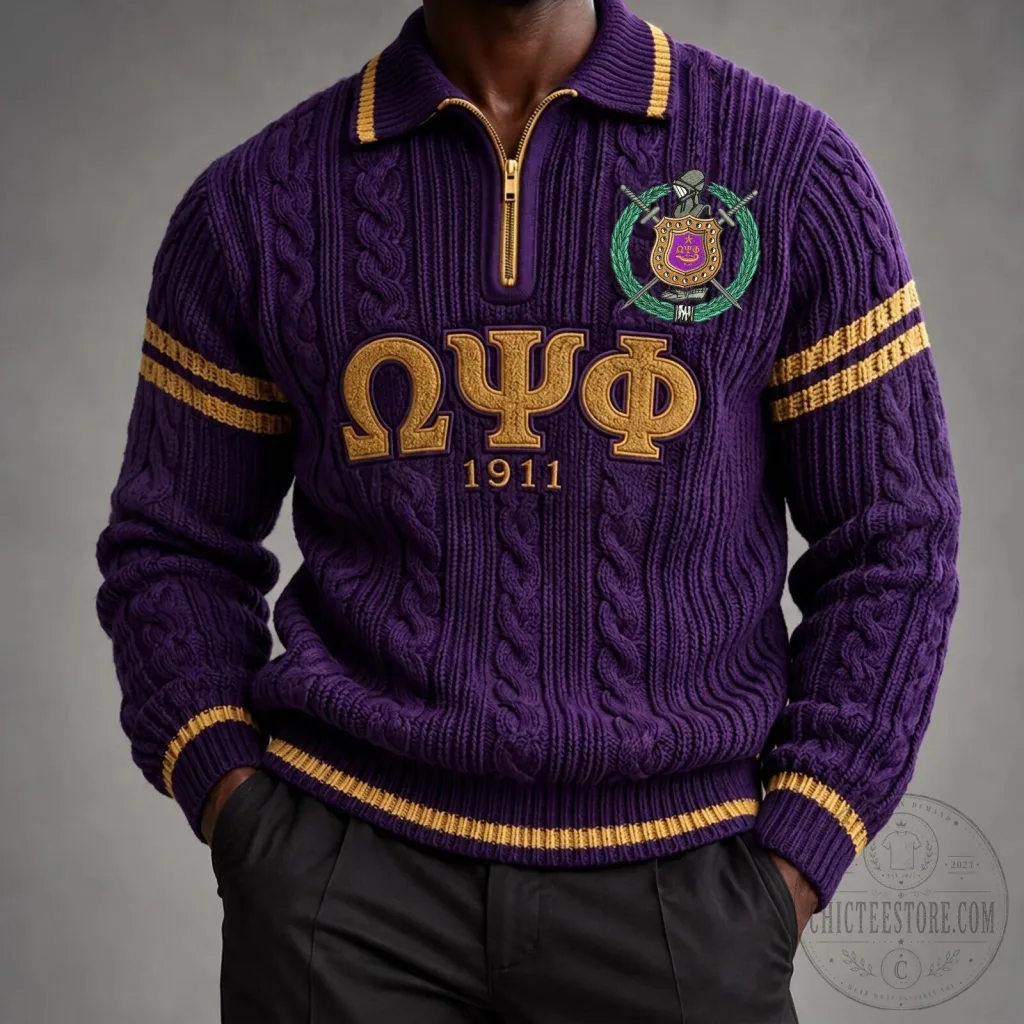 Cable Knit Quarter Zip Pullover Sweater for Omega Psi Phi Fraternity Cable Knit Quarter Zip Pullover Sweater for Omega Psi Phi Fraternity