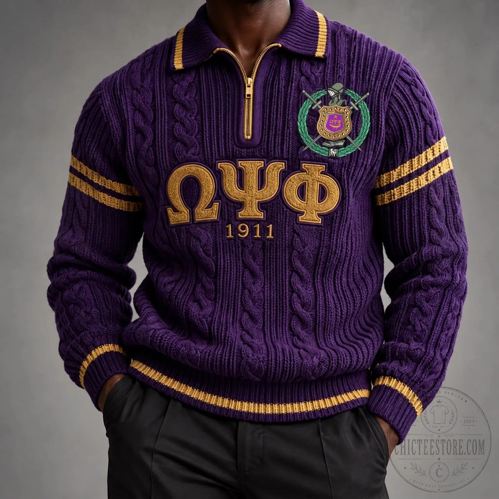 Cable Knit Quarter Zip Pullover Sweater for Omega Psi Phi Fraternity 3 Cable Knit Quarter Zip Pullover Sweater for Omega Psi Phi Fraternity