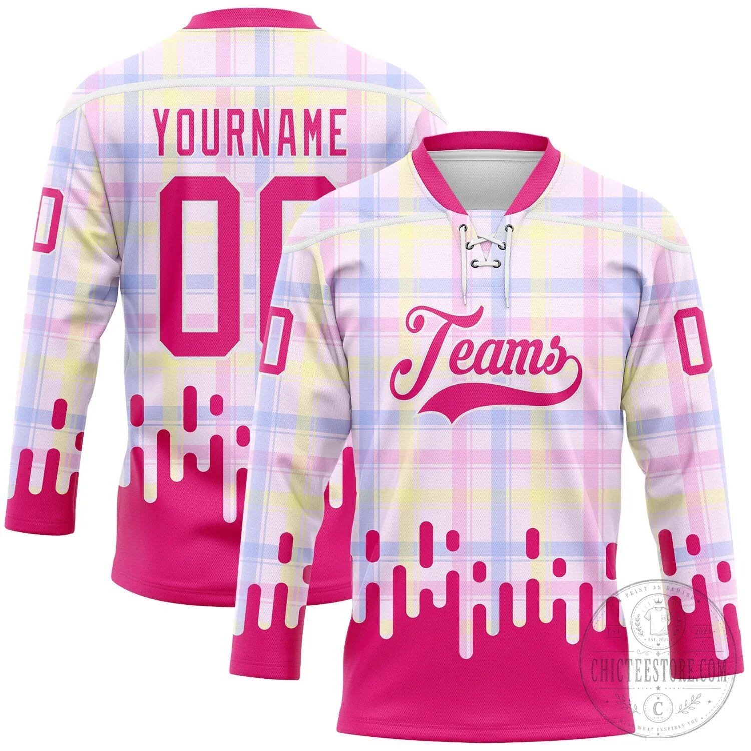 Custom Pink Melting Plaid Checkerboard Lace Neck Hockey Jersey