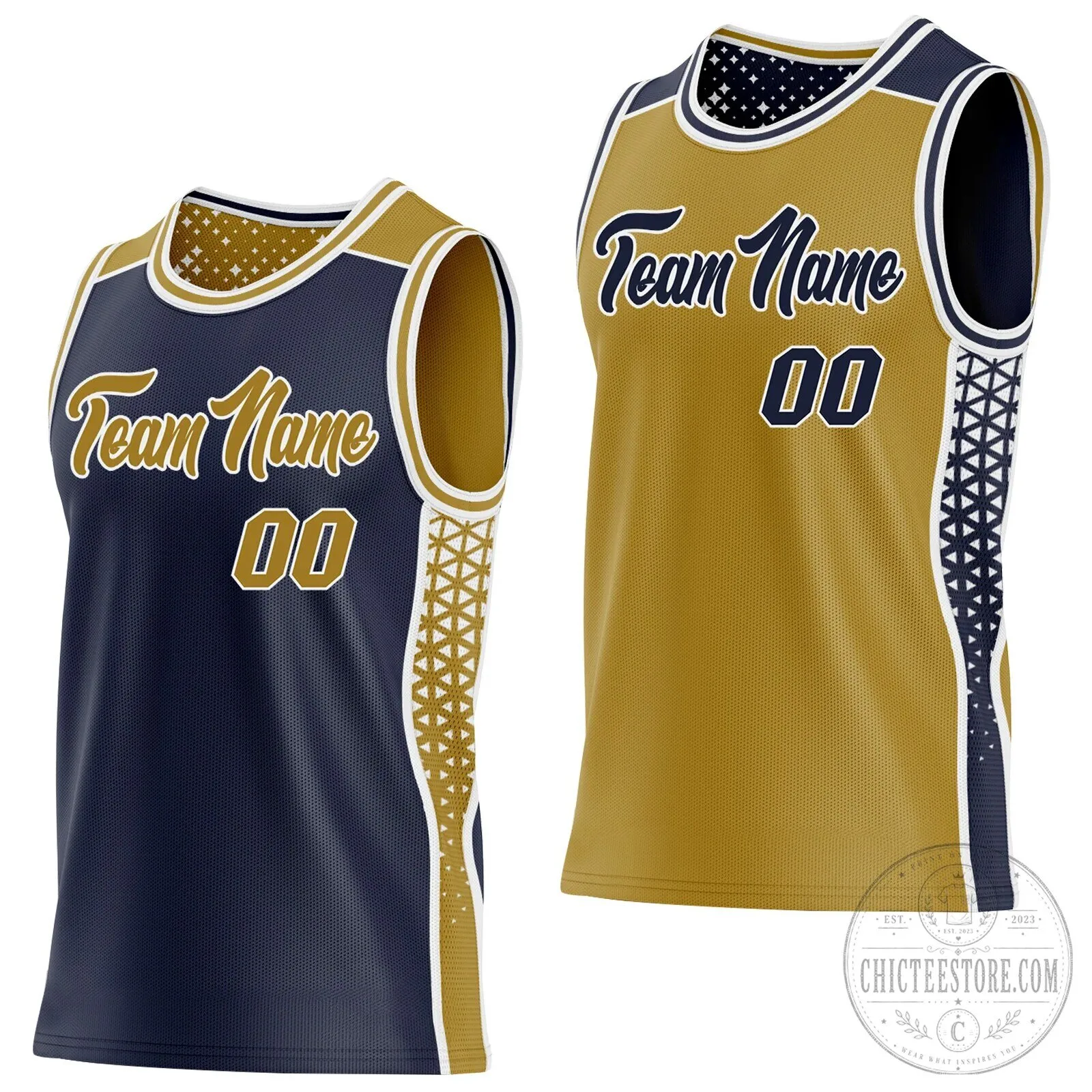 Custom Reversible Basketball Jersey Navy Gold Geometric Triangle Gradient Dot