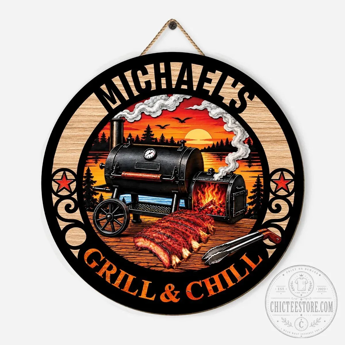 Personalized Grill and Chill Barbecue Smoker Sunset Custom Wood Sign