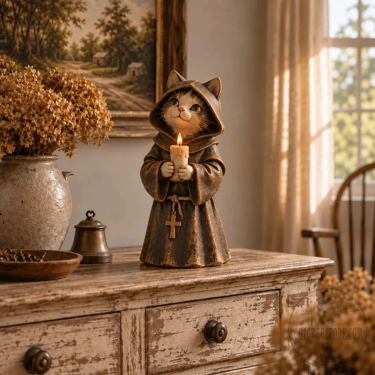 Medieval Monk Cat Holding Candle Figurine - Whimsical Vintage Cat Statue Decor