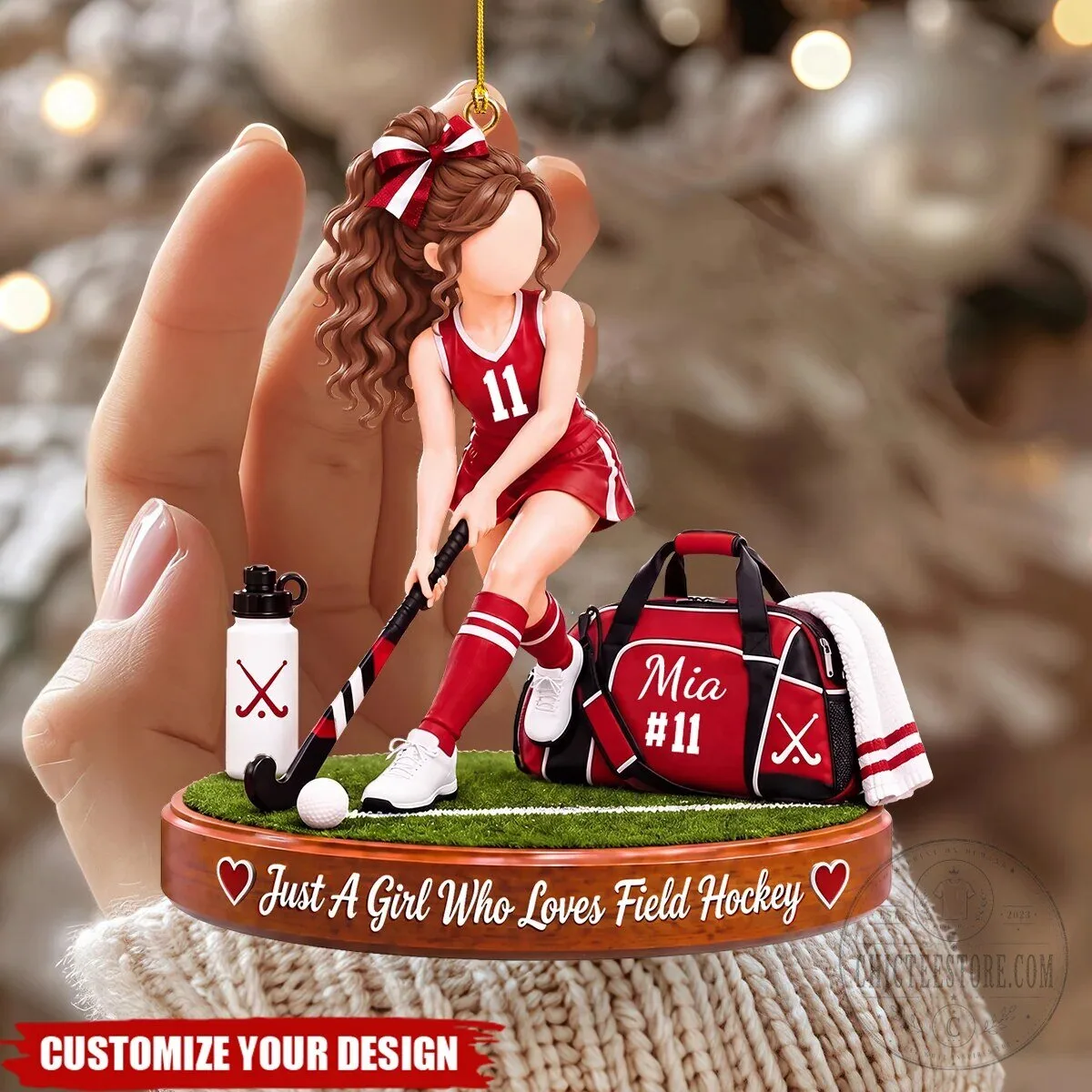 Personalized Field Hockey Player Girl Christmas Tree Ornament