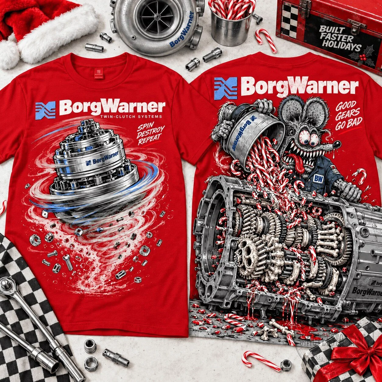 BorgWarner Twin-Clutch Systems Rat Fink Good Gears Go Bad Automotive T-Shirt