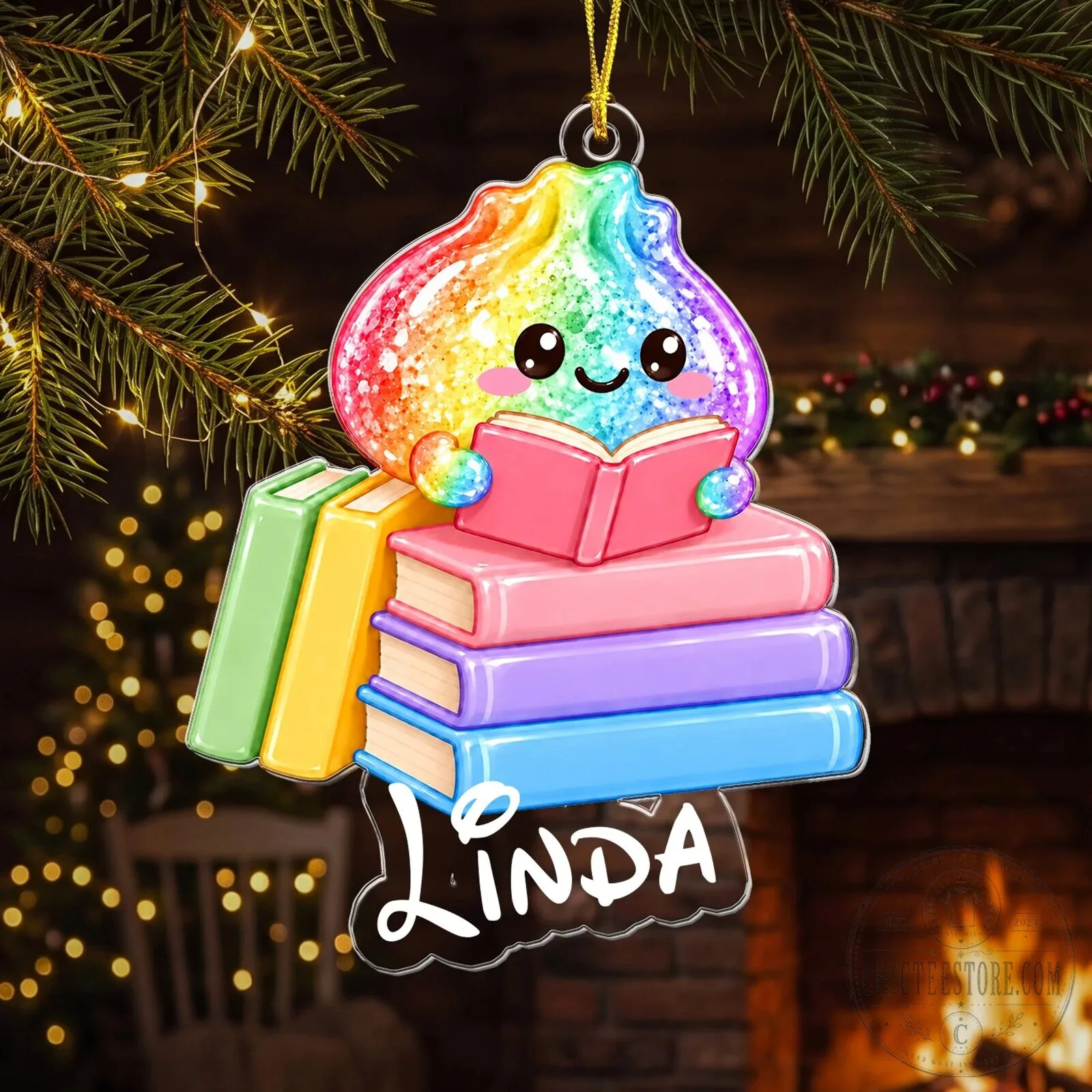 Cute Rainbow Dumpling Reading Books Personalized Christmas Ornament