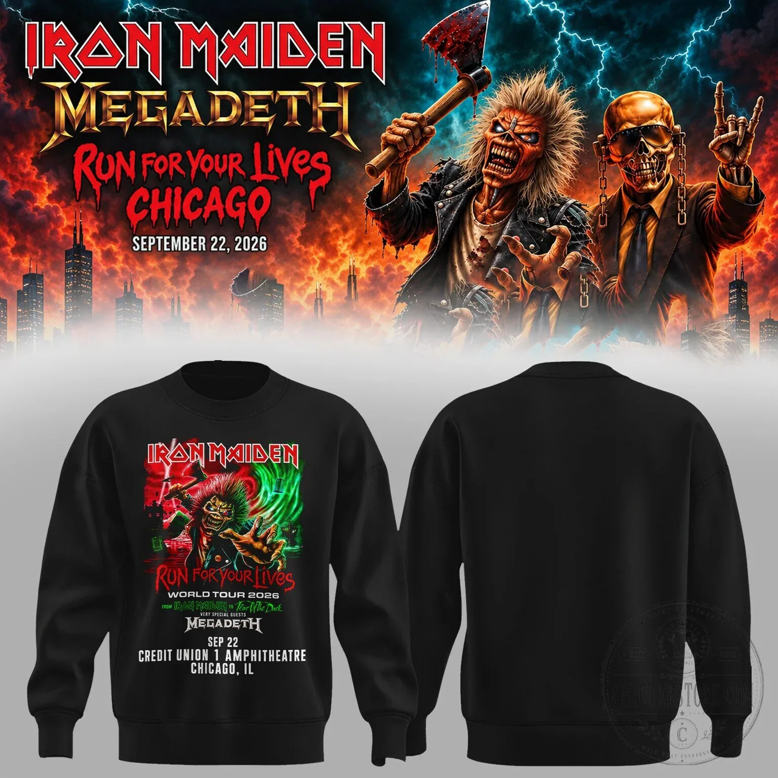 Iron Maiden Megadeth Run For Your Lives Chicago World Tour 2026 Concert Sweatshirt