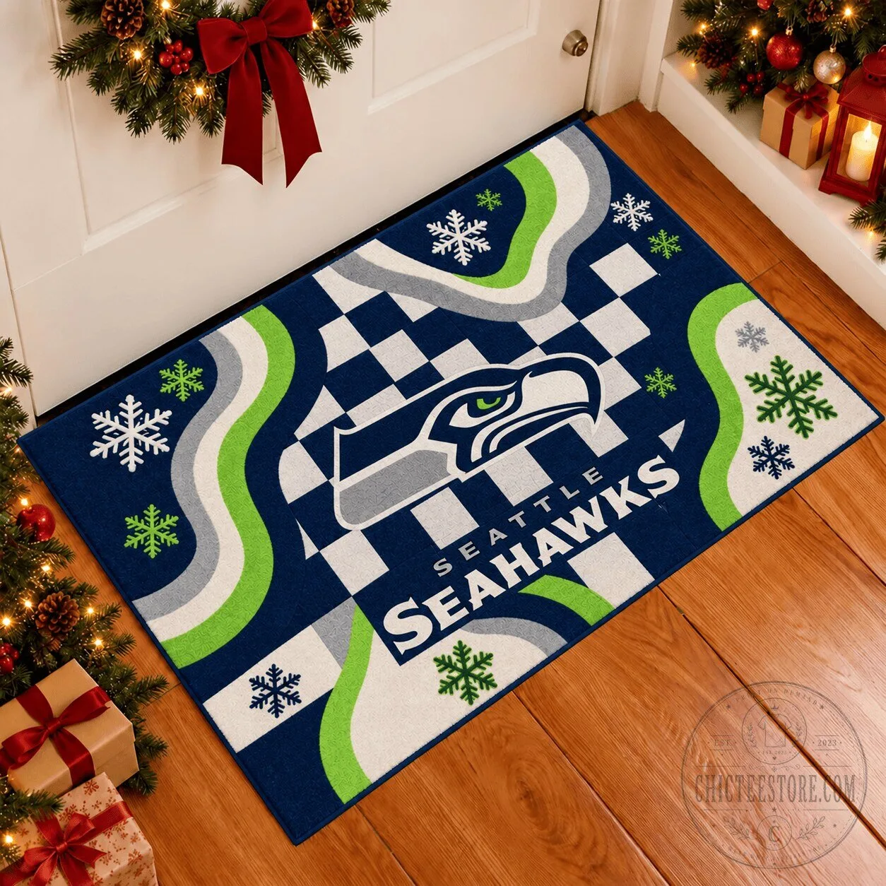 Seattle Seahawks NFL Christmas Holiday Snowflakes Doormat