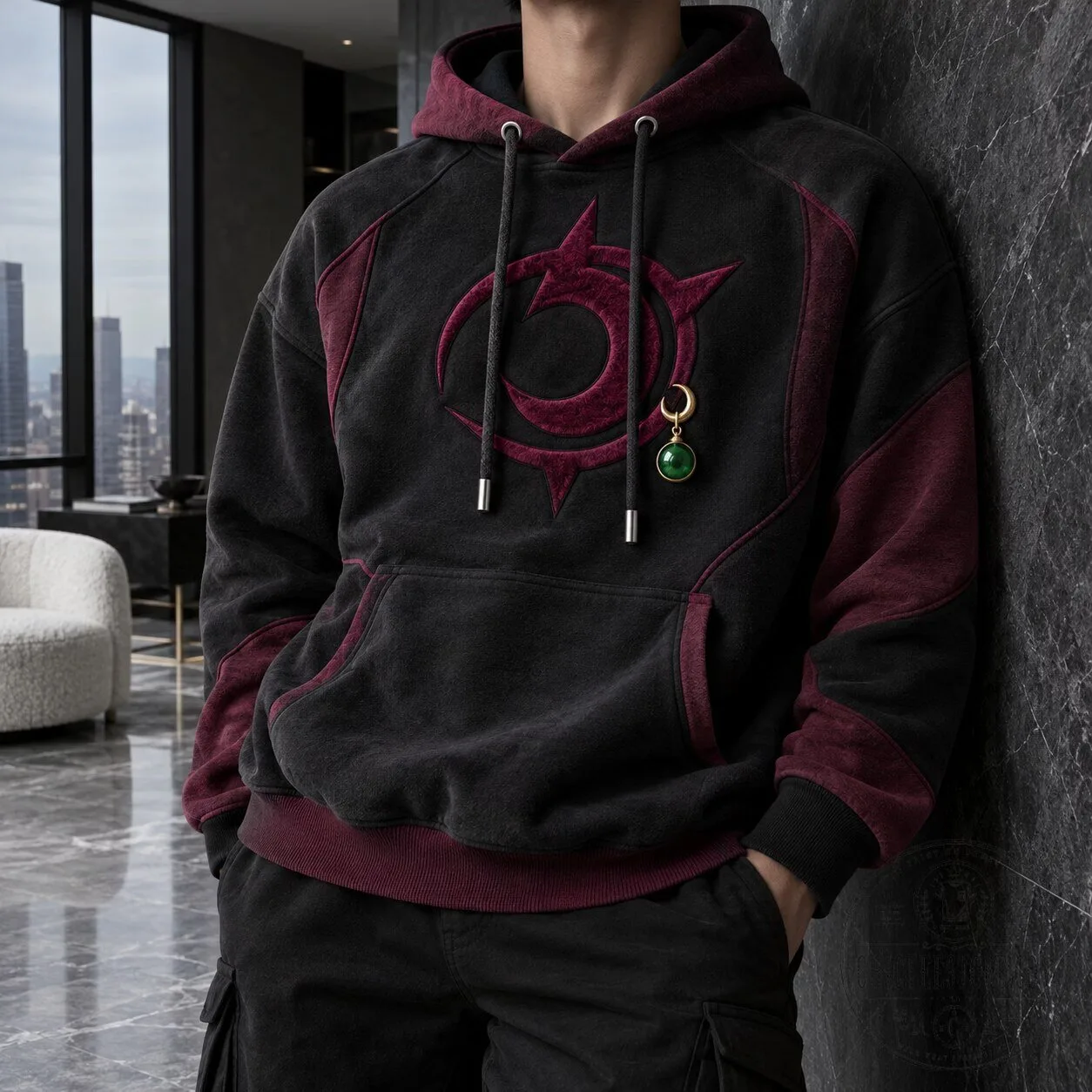 Anime Inspired Oversized Casual Hoodie with Embroidered Crescent Moon Design