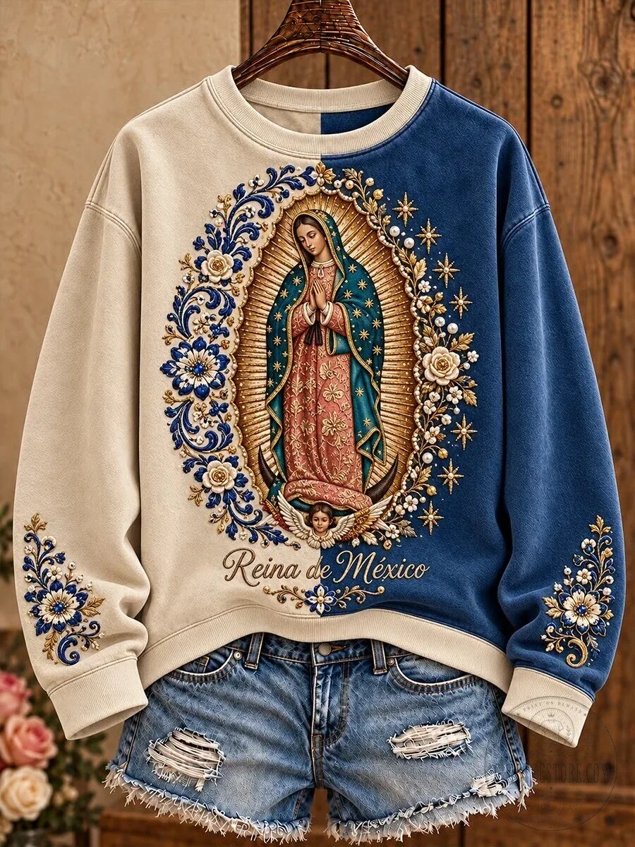 Our Lady of Guadalupe Floral Art Printed Crewneck Sweatshirt for Women