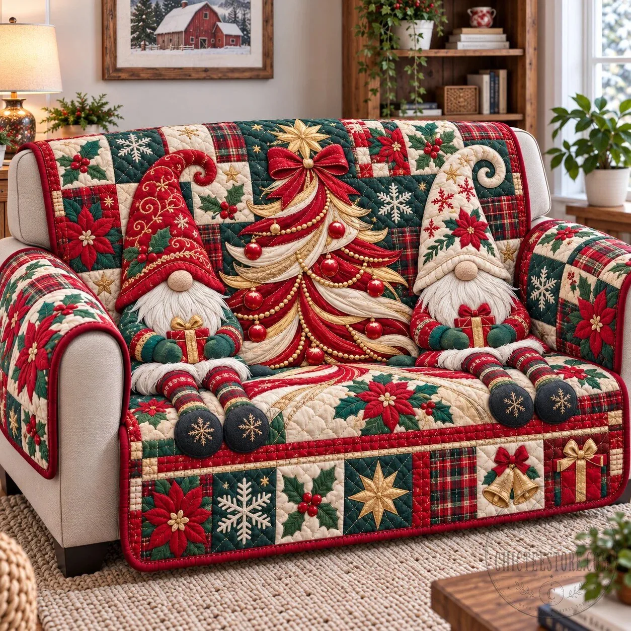 Christmas Gnomes Enchantment Quilted Sofa Cover