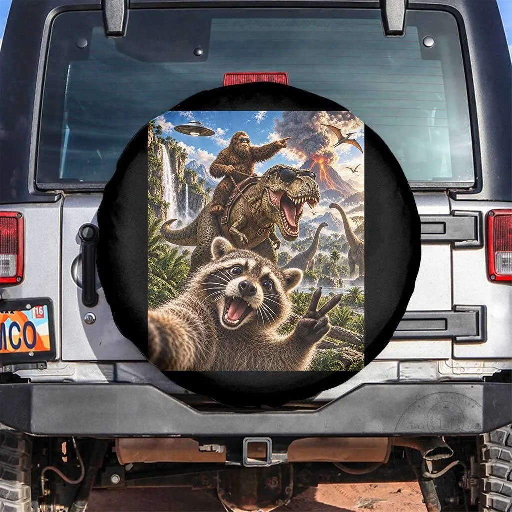 Funny Raccoon Selfie Bigfoot Riding Dinosaur UFO Prehistoric Spare Tire Cover